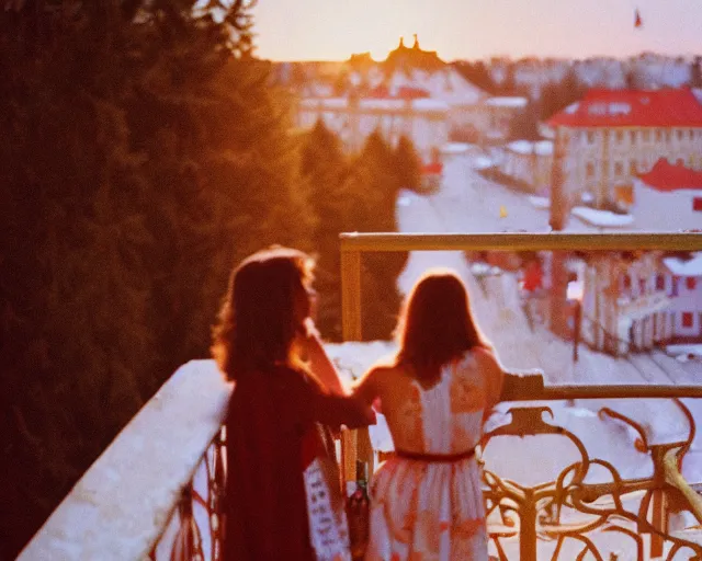 Image similar to lomo photo of pair standing on small hrushevka balcony full with cigarette smoke in small russian town looking at sunset, cinestill, bokeh