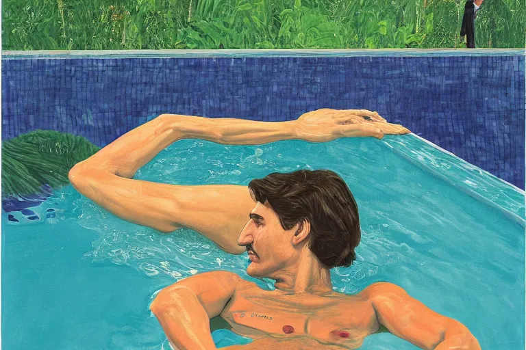 Image similar to justin trudeau in a swimming pool in a house in california, magazine centerfold, by david hockney, peter doig, lucien freud, francis bacon, pop realism, oil on canvas