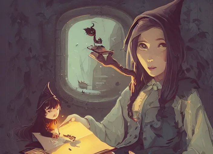 Prompt: highly detailed portrait of a little witch opening a book art by ghailan, james gilleard, by joe fenton, by greg rutkowski, by greg tocchini, by kaethe butcher, 4 k resolution, gradient yellow, black, brown and cyan color scheme, grunge aesthetic!!!