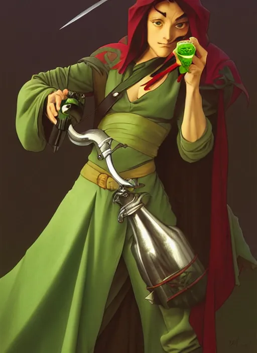 Prompt: villianous medieval assassain holding green bottle of poison, natural lighting, path traced, highly detailed, high quality, digital painting, by don bluth and ross tran and studio ghibli and alphonse mucha, artgerm