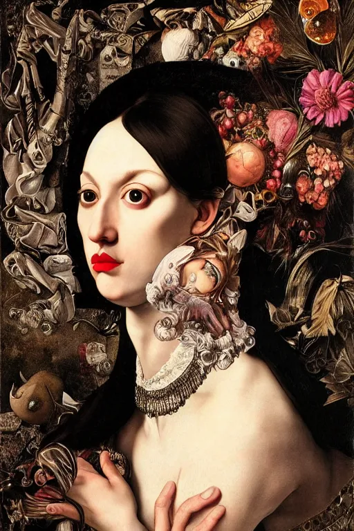 Image similar to Detailed maximalist portrait with large lips and wide eyes, sad expression, extra hands, HD mixed media, 3D collage, highly detailed and intricate, surreal, illustration in the style of Caravaggio, dark art, baroque