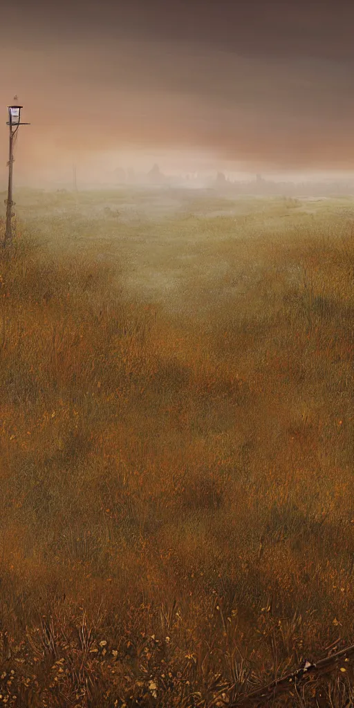 Image similar to rusty old railroad, in the steppe, autumn field, misty background, from the game pathologic 2, highly detailed, sharp focus, matte painting, by isaac levitan and asher brown durand,