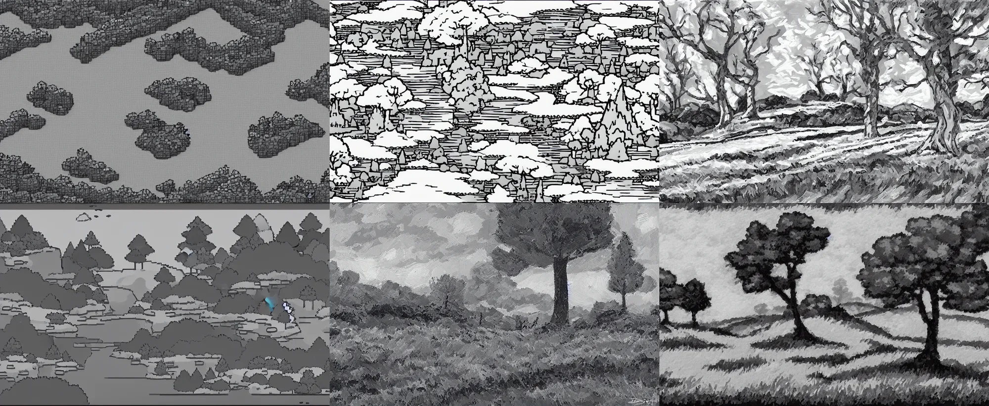 Prompt: landscape in the style of onebit adventure, gray scale, gameboy