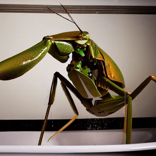 Prompt: cinematic photo of a giant taxidermized praying mantis in a bathtub