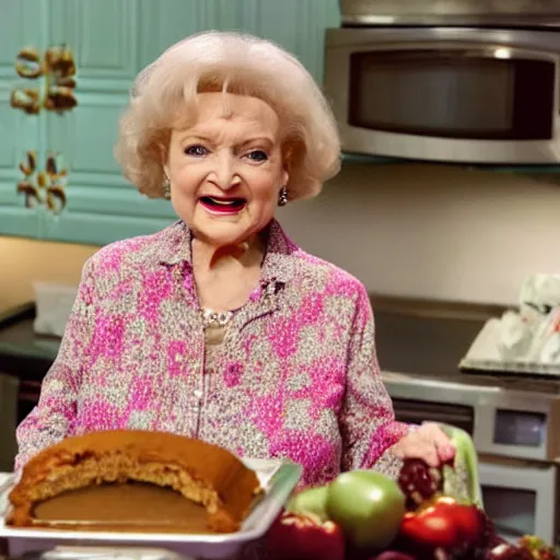 Image similar to betty white in golden girs ( tv ) eating cheesecake in the kitchen with her friends.