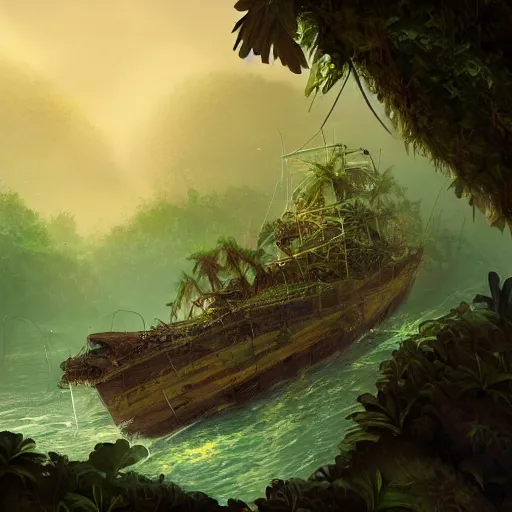 Prompt: Wrecked ship on jungle trees, 8k, detailed, concept art, trending on artstation