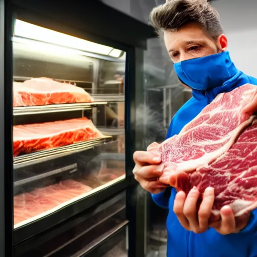 Prompt: a man wearing a blue ski suit with no mask in a very dark and metallic meat freezer and looking at a tablet that's shining a red light on his face, there are slabs of meat on shelves, volumetric light, ice vapor, misty, cinematic, 8 k - 1 0 2 4