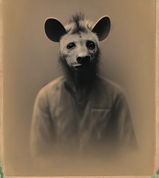 Image similar to professional studio photo portrait of anthro anthropomorphic spotted hyena head animal person fursona wearing casual tshirt clothes by Louis Daguerre daguerreotype tintype