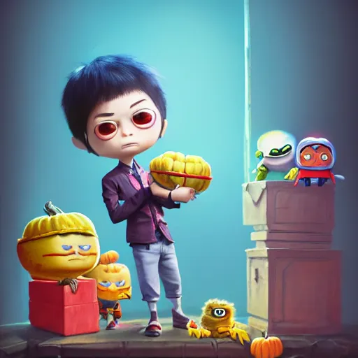 Prompt: an epic chibi comic book style portrait painting of a happy ryan kanji opening new toys, character design by mark ryden and pixar and hayao miyazaki, unreal 5, daz, hyperrealistic, octane render, cosplay, dynamic lighting, intricate detail, harvest fall vibrancy, cinematic