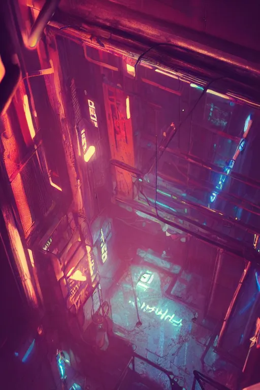 Image similar to down a basement staircase, from above, neon lights, cyberpunk style, digital painting, concept art, smooth, sharp focus, hyperrealistic, illustration, artstation trending, octane render, unreal engine, ambient light, dynamic lighting, magical, dark vibes, Cyberpunk 2077