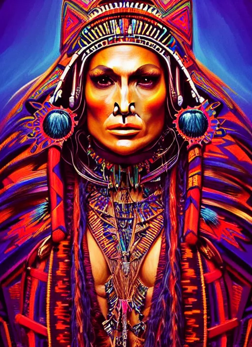 Image similar to portrait of jennifer lopez, hyper detailed ultra sharp aztec shaman warrior. trending on artstation, warpaint aesthetic, bloodwave, colorful, psychedelic, ornate, intricate, digital painting, concept art, smooth, sharp focus, illustration, art by artgerm and greg rutkowski and h. r. giger, 8 k
