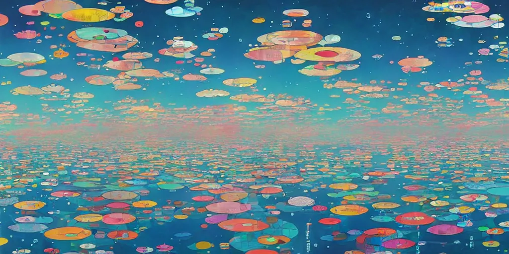 Image similar to a city floating above the sea by takashi murakami,, beeple and james jean, aya takano color style, 4 k, super detailed, night sky, digital art, digital painting, celestial, majestic, colorful