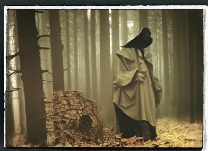 Prompt: medium shot, a plague doctor, woods, horror, polaroid photo, vintage, neutral colors, by gregory crewdson,