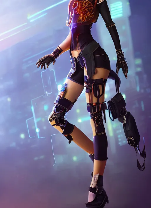 Image similar to a cute asian girl in a cyberpunk costume, in the style of pixar animation, full body shot, viewed from bellow, award winning, hyper detailed, studio lighting, artstation, octane renderer, unreal engine