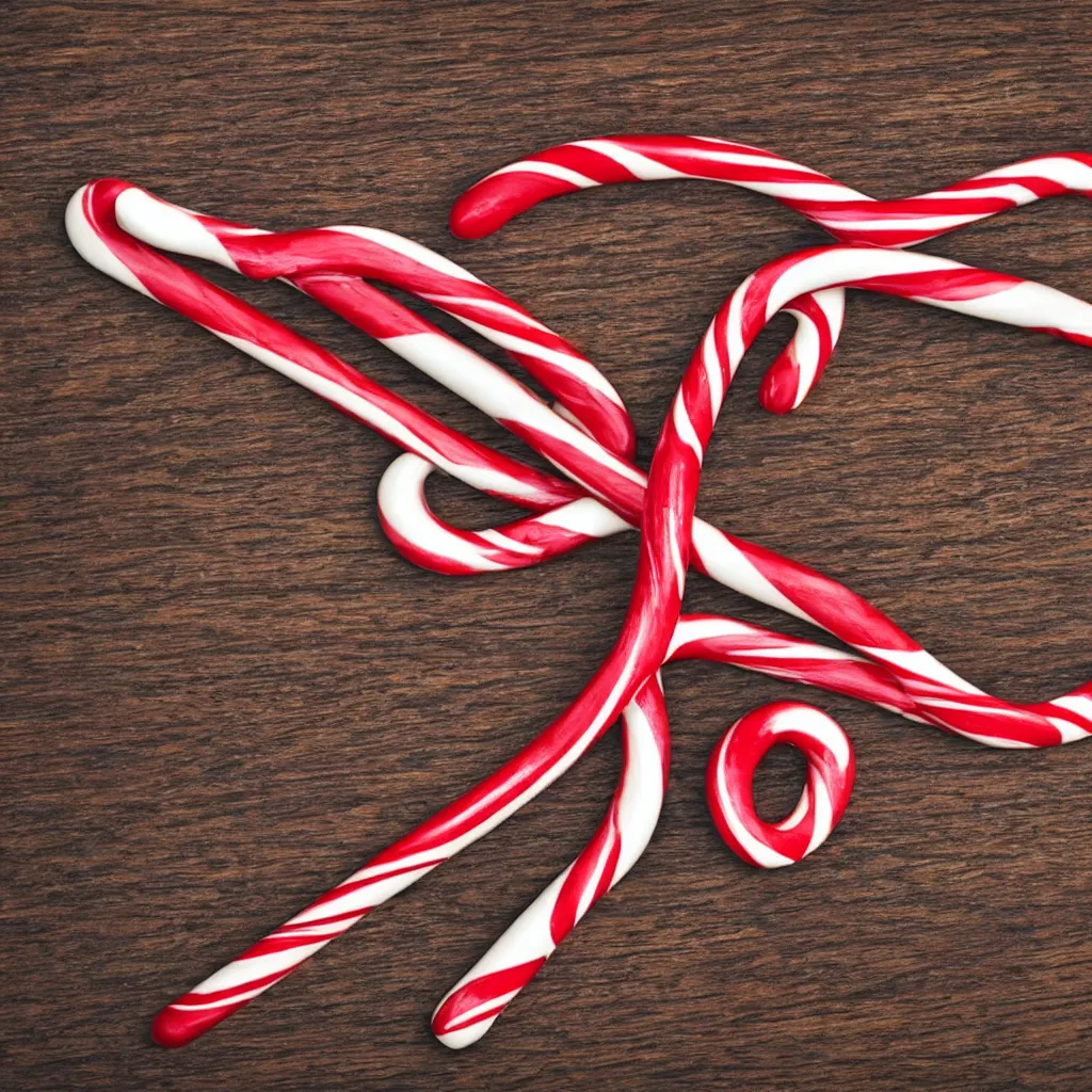 Prompt: close - up view of candy cane on top of a wooden table, 8 k, high detail, photorealistic, proper shading