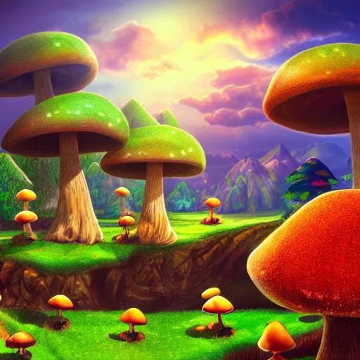 Image similar to the mushroom kingdom, photorealistic, landscape, cinematic, beautiful, colorful