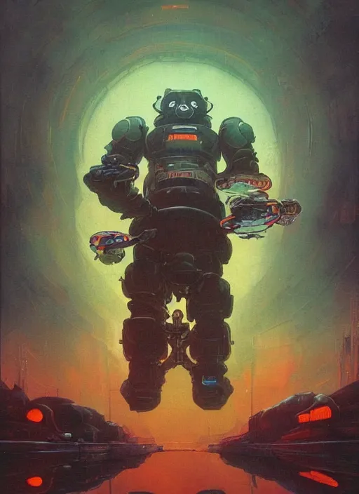 Image similar to a panda mecha, reflective detailed textures. glowing colorful fog, dark background. highly detailed fantasy science fiction painting by moebius, norman rockwell, frank frazetta, and syd mead. rich colors, high contrast. trending on artstation