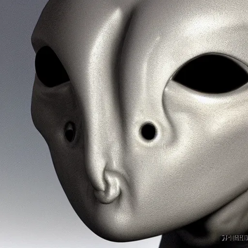 Prompt: a close up of a sad Roswell grey alien head with a white background, a hologram by Alan Bean, featured on zbrush central, hurufiyya, zbrush, polycount, airbrush art