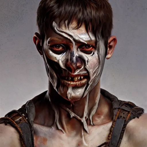 Image similar to portrait painting of a bitter young man with severe burn scars on his face and poorly cut very short hair wearing tattered leather armor, ultra realistic, concept art, intricate details, eerie, highly detailed, photorealistic, octane render, 8 k, unreal engine. art by artgerm and greg rutkowski and charlie bowater and magali villeneuve and alphonse mucha