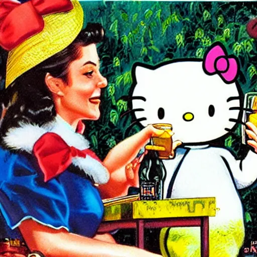 Image similar to Hello Kitty drinking beer, artwork by Earl Norem,