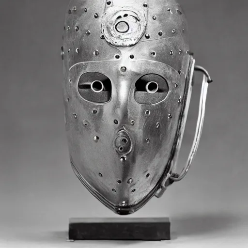 Image similar to photo portrait of 19 century brutal shiny metal face mask with fine detail engravings and runes cultist lord rich baron by Diane Arbus and Louis Daguerre