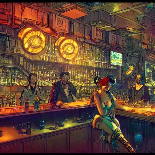 Prompt: a cyberpunk night bar, with bars of Zero G vodka on the shelf, intricate very detailed, colored manga line art, by Mucha and Craig Mullins, anime trending on artstation,