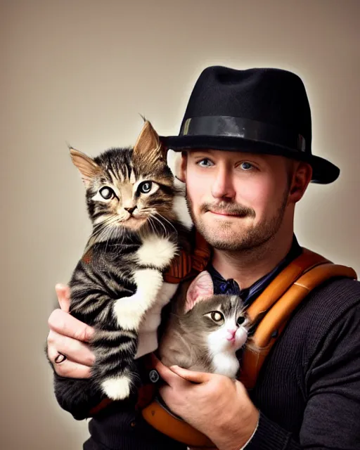 Image similar to gentlemen wearing a hat and wearing a baby sling on the back with a kitten in the sling, studio portrait, golden ratio, backlit, steampunk