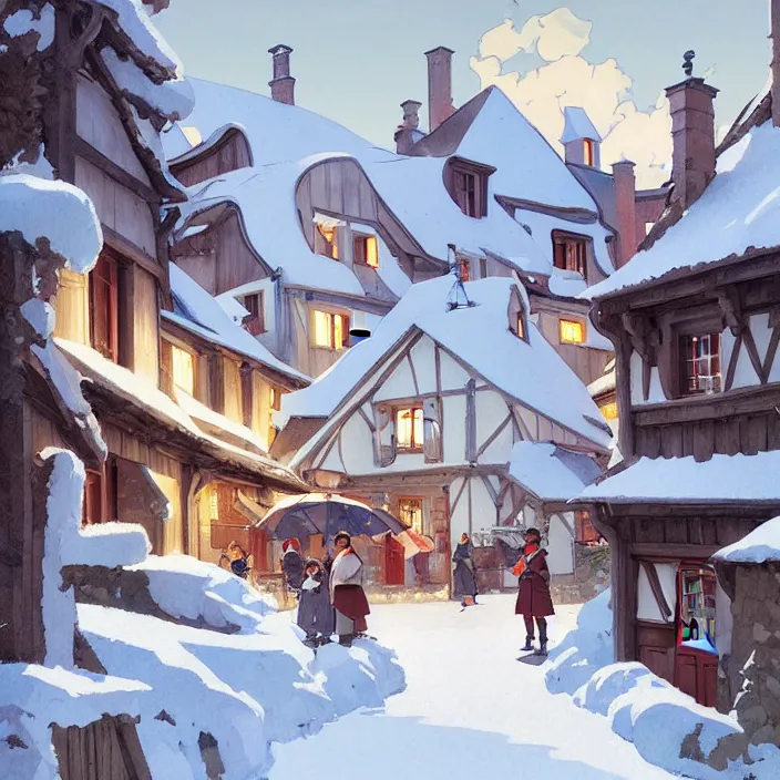 Prompt: french rural town, winter, in the style of studio ghibli, j. c. leyendecker, greg rutkowski, artem