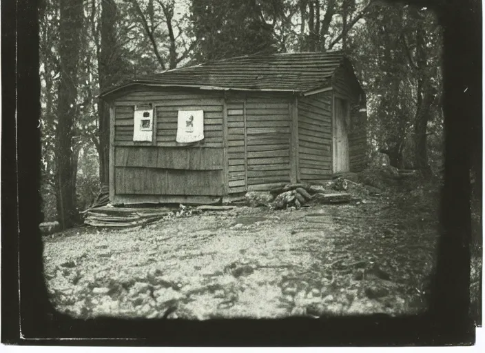 Prompt: sinister black and white old photography of a small house in the woods. a man standing still outside. daguerreotype photo