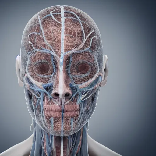 Image similar to human face without skin, nerves exposed, anatomically correct, 4k, bokeh, professional photography