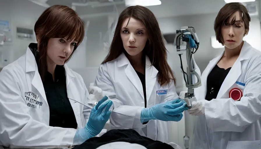 Prompt: big budget horror movie about cyborgs performing illegal organ transplants while a beautiful female scientist watches in horror