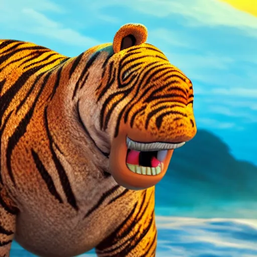 Image similar to a closeup photorealistic photograph of a cute smiling knitted tiger hippopotamus riding a wave at sunset. surf in background. professional capture. brightly lit scene. this 4 k hd image is trending on artstation, featured on behance, well - rendered, extra crisp, features intricate detail, epic composition and the style of unreal engine.