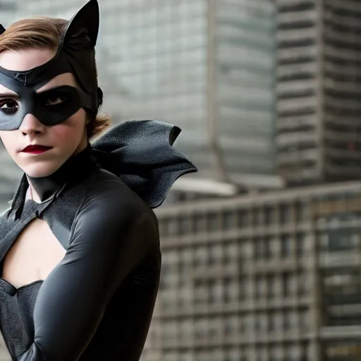 Prompt: Emma Watson as Catwoman, Sony A7R III, 1/2000sec at f/5.6, ISO 1600, 90mm, 8K, RAW, symmetrical balance, Dolby Vision, Aperture Priority