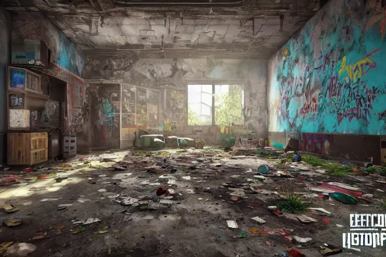 Image similar to perspective shot of a grungy derelict georgian manor interior with colourful graffiti on the walls and garbage scattered on the floor, reclaimed by nature in the style of last of us, trending on cgsociety, high detail, cinematic lighting, 8k, rendered in unreal engine