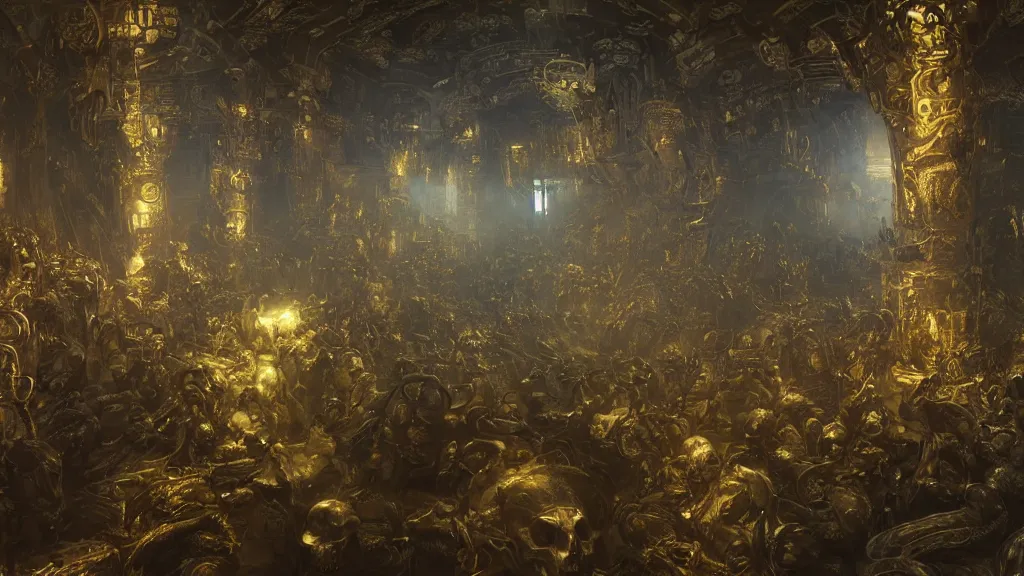 Image similar to halls of Valhalla covered in gold and skulls, decorated with snakes and runes, digital art by Ruan Jia, Rudolf Béres, James Zapata, Jamey Jones