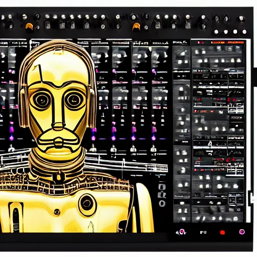 Prompt: a hyperrealistic art nouveau portrait of c 3 po with make noise eurorack module aesthetics