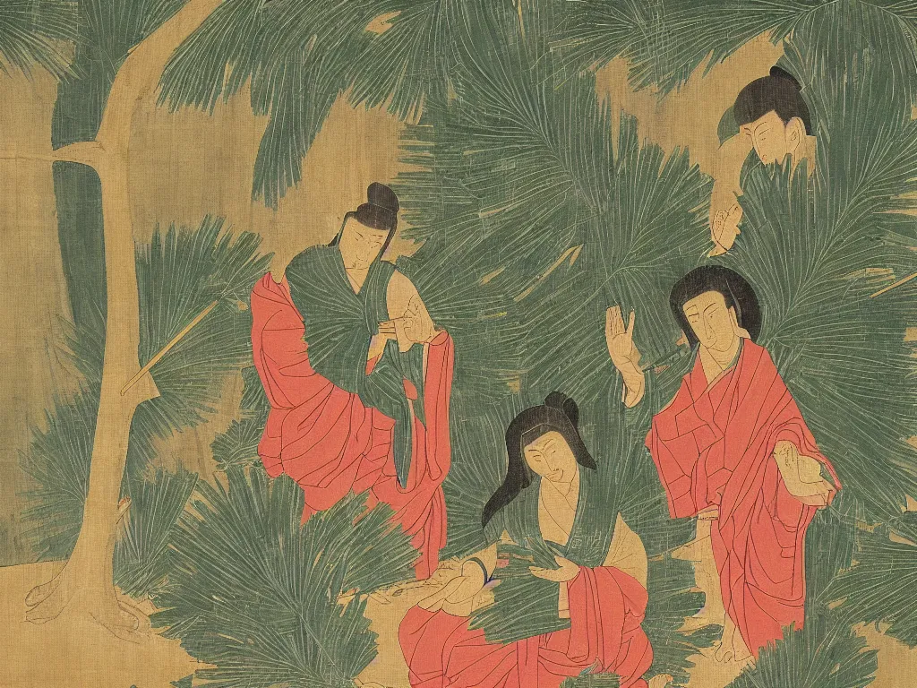 Prompt: Jesus and Buddha are taking cover from the rain under a giant palm leaf. Japanese Zen painting