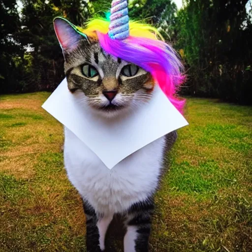 Prompt: photo of a cat with a snarky smile, he has a unicorn on his forehead and he is wearing a suit