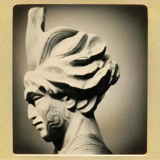 Prompt: Polaroid photo of fragmented greek sculpture of Goku