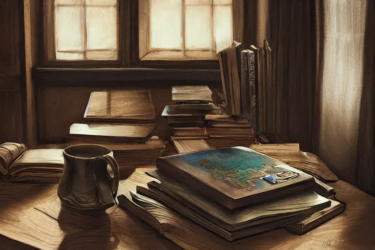 Prompt: a desk, books, a cup of coffee, hyper realistic style, intricate details, dramatic cinematic lighting by john frederick peto and lengjun