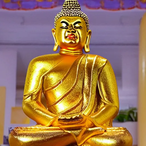 Image similar to Donald Trump as a golden thai Buddha statue, in Buddhist temple, colourized, photo