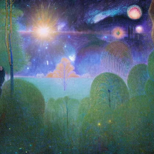 Image similar to psychedelic morning in the middle of the day lush pine forest, outer space, milky way, designed by arnold bocklin, jules bastien - lepage, tarsila do amaral, wayne barlowe and gustave baumann, cheval michael, trending on artstation, star, sharp focus, colorful refracted sparkles and lines, soft light, 8 k 4 k