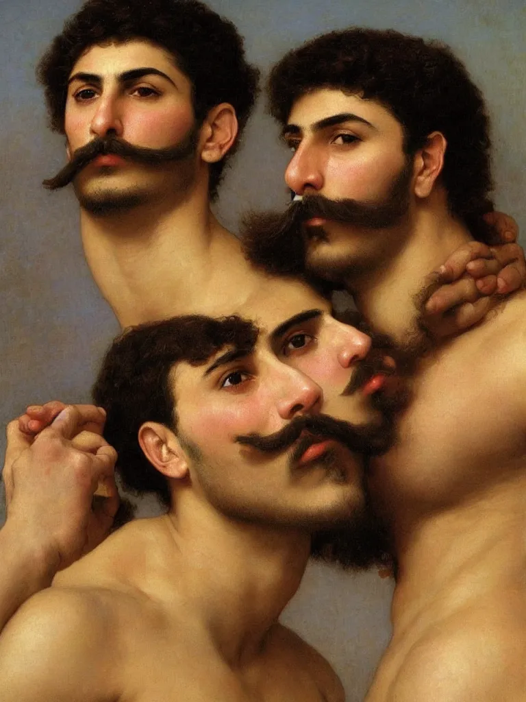 Image similar to close up portrait of 20 years old muscular persian iranian wrestlers handsome men with a mustache kiss, by Bouguereau and victor Nizovtsev