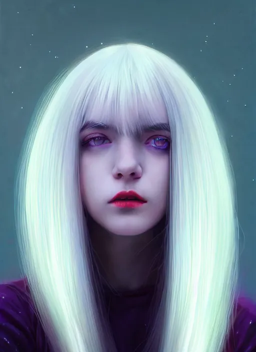 Image similar to hair whitebangs hair, black hair, whitebangs, portrait of teenage girl with white bangs, red irises, purple clothes, white bangs, bangs are different color from hair, intricate, elegant, glowing lights, highly detailed, digital painting, artstation, concept art, smooth, sharp focus, illustration, art by wlop, mars ravelo and greg rutkowski