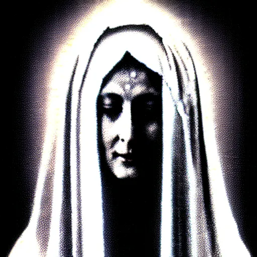 Image similar to marian apparition, found footage, vhs, 1 9 9 0, beautiful, highly realistic, highly detailed, vhs noise static, black and white, vhs glitch