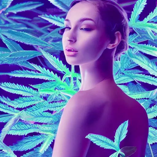 Prompt: flume_and_former_cover_art_future_bass_girl_unwrapped_statue_bust_curls_of_hair _petite_lush _body_photography_fun: weed leaves model_futuristic_material metL_simple_backgroundg vibrant