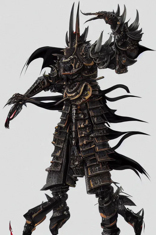 Prompt: Concept Art of a mechanical dragon samurai in black japanese armor, full body, ultra detailed, octane render, 8k