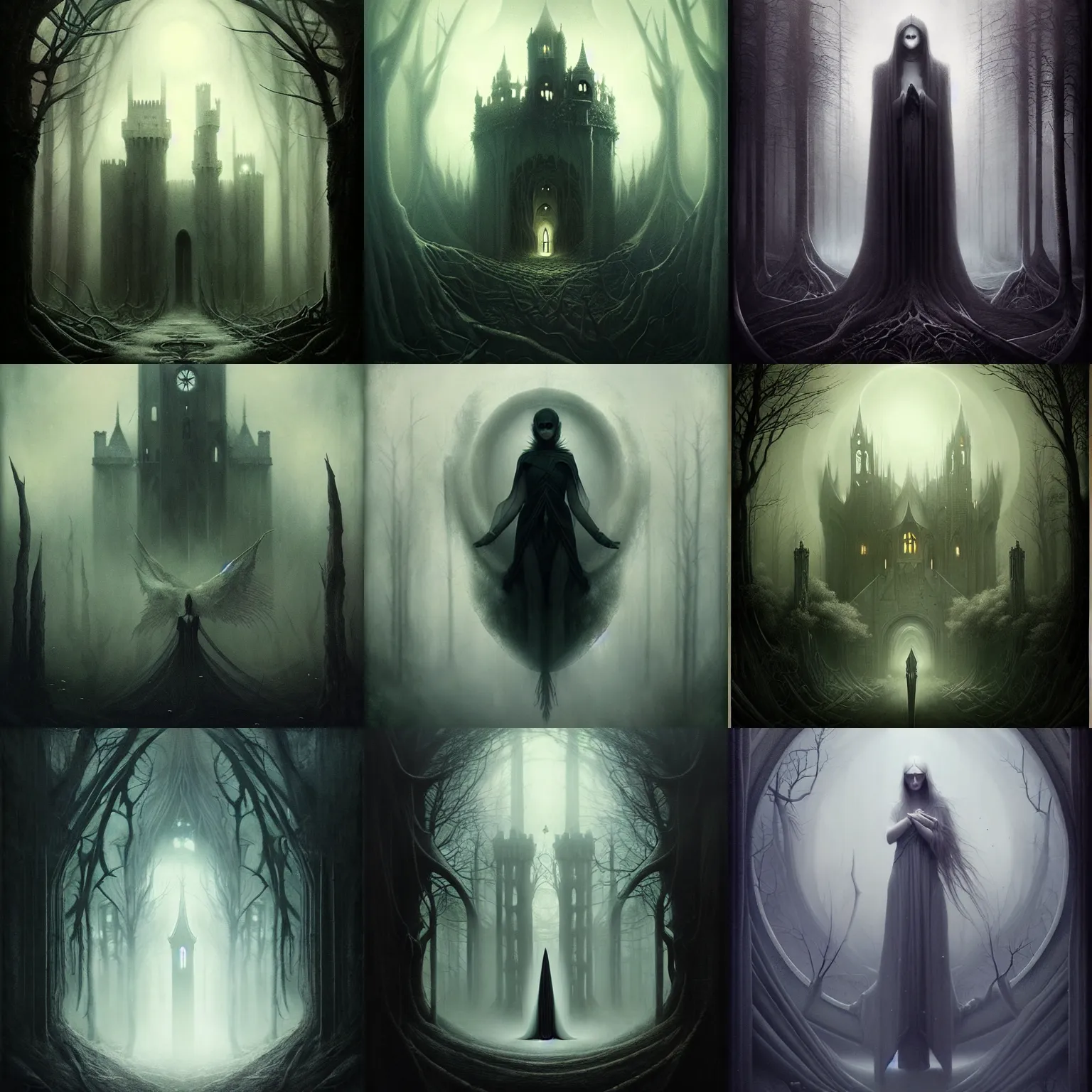 Prompt: dark ambient album cover, asymetrical design, magic, apocalypse, occult, magic, dark forest, a castle, tom bagshaw