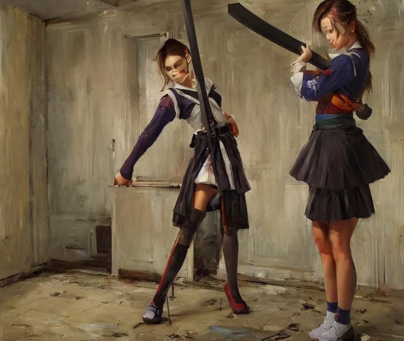 Image similar to School girl holding a katana and standing on an abandoned hospital room , by Konstantin Razumov, horror scene, highly detailded