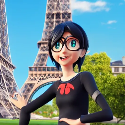 Image similar to Marinette Dupain-Cheng from Miraculous: Tales of Ladybug & Cat Noir action pose in front of the eiffel tower, octane render, close-up, fresh, sunny day